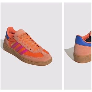 adidas Handball Spezial Coral Orange Sneakers with Pink Stripes and Blue Heel